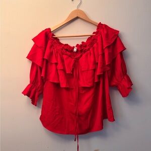 Amazon Red Ruffled 3/4 Sleeve Blouse with Tie Front